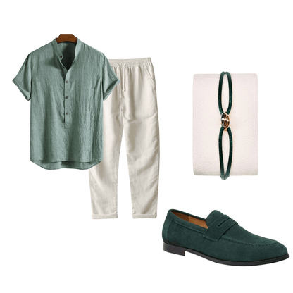 Collage of clothing and accessories including a shirt, pants, loafer, bracelet, and set on a white background.