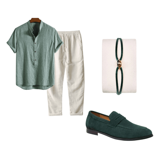 Collage of clothing and accessories including a shirt, pants, loafer, bracelet, and set on a white background.