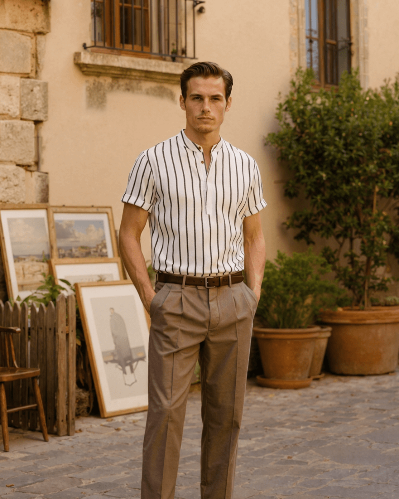 Minimalist white Men's cotton shirt with subtle tonal pinstripes and a refined grandad collar design.