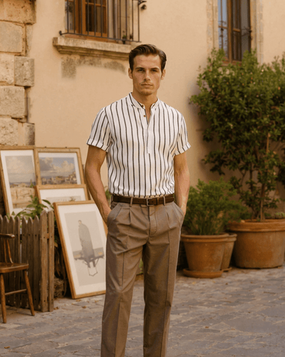 Minimalist white Men's cotton shirt with subtle tonal pinstripes and a refined grandad collar design.
