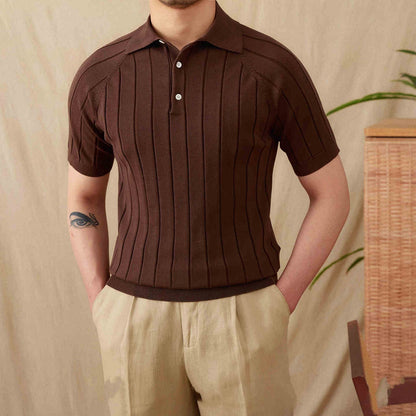 Close-up of a chocolate brown vertical ribbed polo featuring a three-button placket and technical raglan sleeve construction.