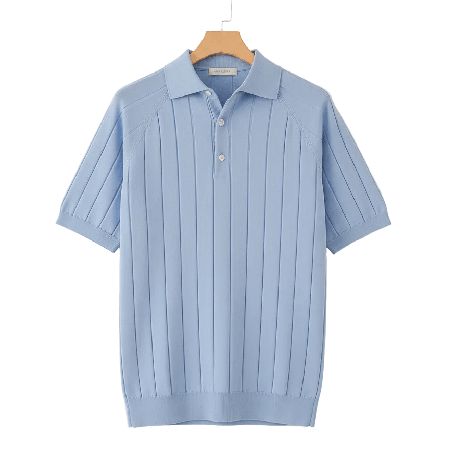 Light blue raglan sleeve polo with a vertical ribbed pattern, styled with cream linen trousers.