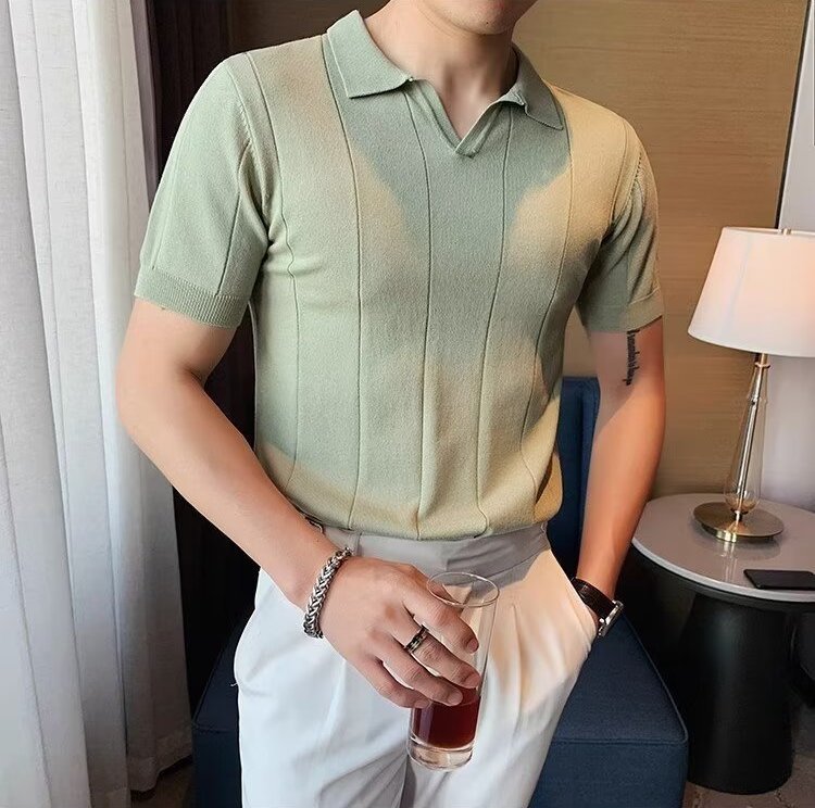 Men's light green vertical ribbed polo with a modern buttonless V-neck placket and an athletic silhouette.