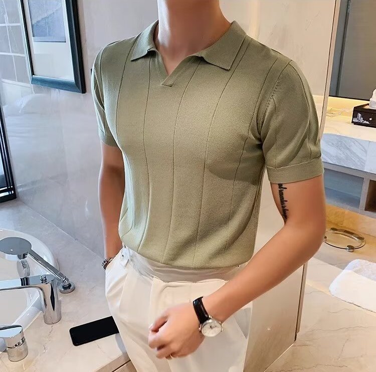 Men's light green vertical ribbed polo with a modern buttonless V-neck placket and an athletic silhouette.