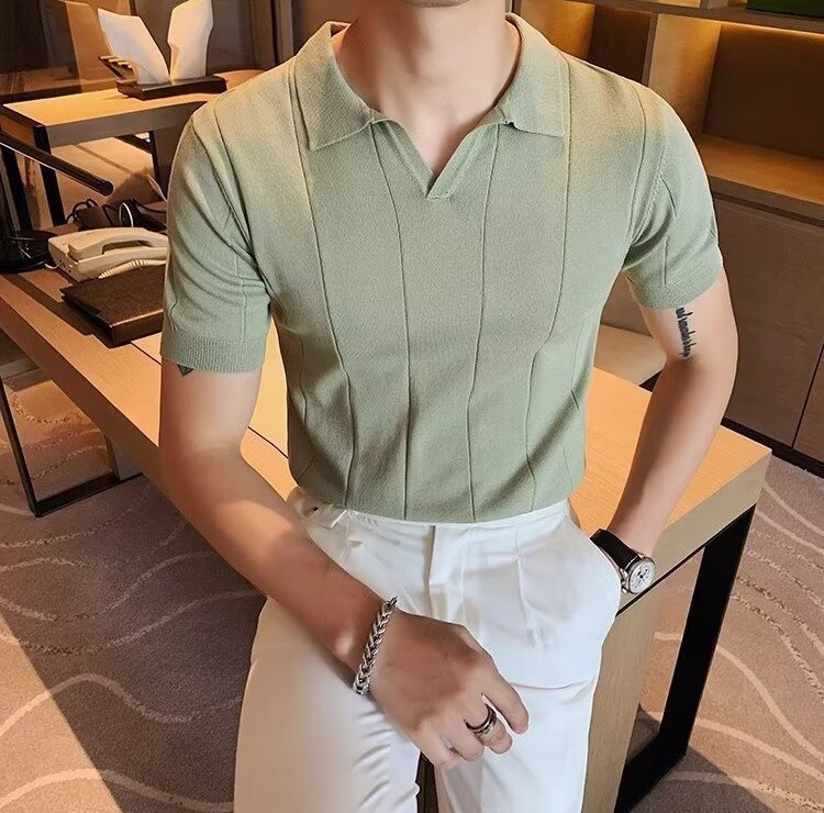 VERTICAL RIBBED V - NECK KNIT POLO - LORMIER - 