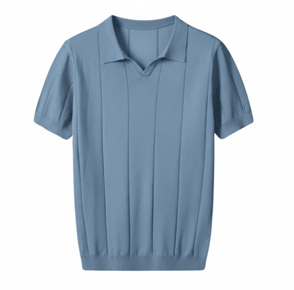 Men's light blue knitted polo featuring a sophisticated vertical ribbed texture and a clean, buttonless V-neckline.